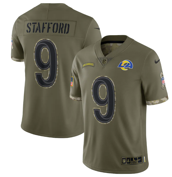 Men's Los Angeles Rams #9 Matthew Stafford Olive 2022 Salute To Service Limited Stitched Jersey